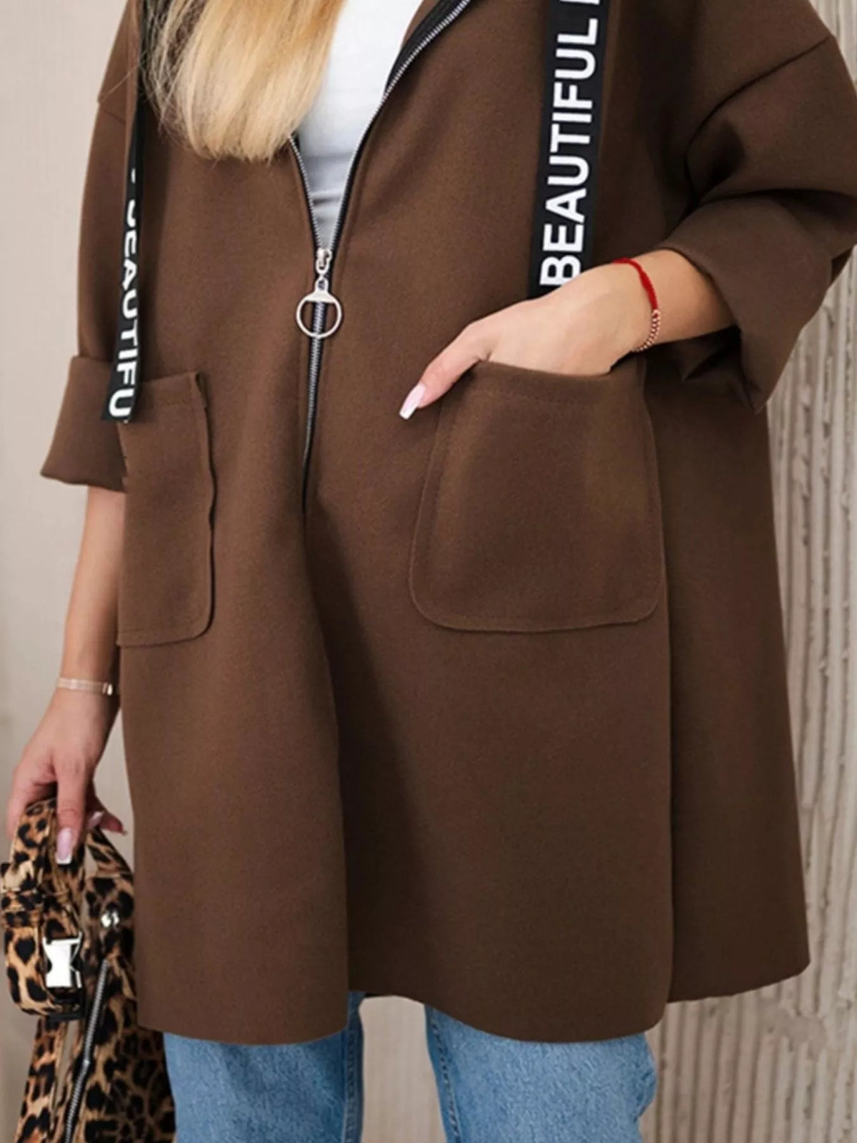 Full Size Hooded Zip-Up Longline Outerwear Plus Size, view 6