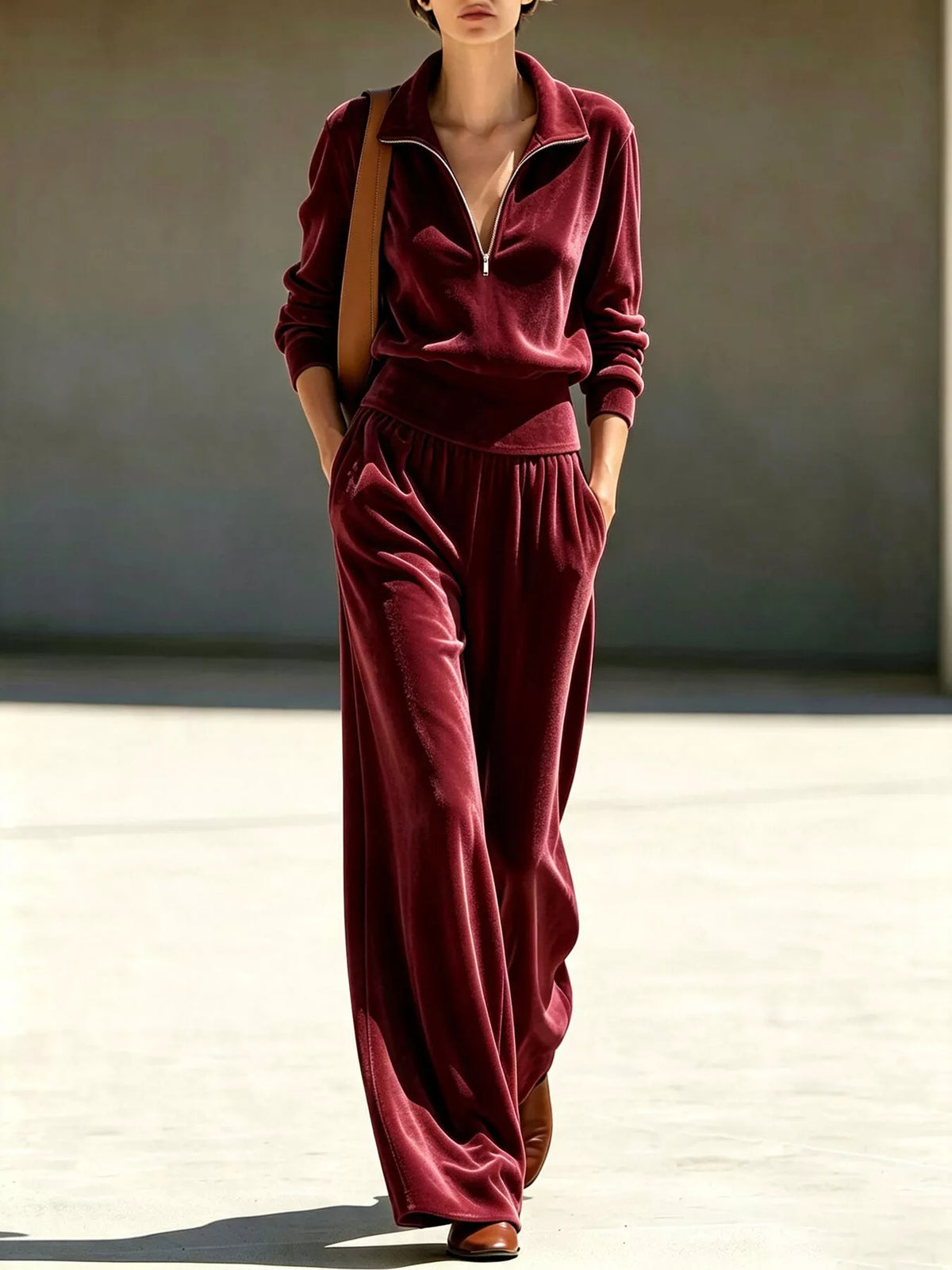 Full Size Quarter-Zip Top and Wide-Leg Pants Set Plus Size, view 7