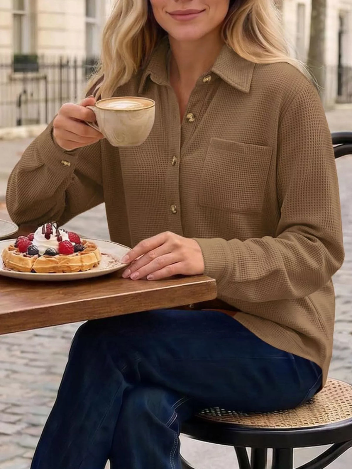 Waffle Knit Button-Down Long Sleeve Shirt - Lilixa.store