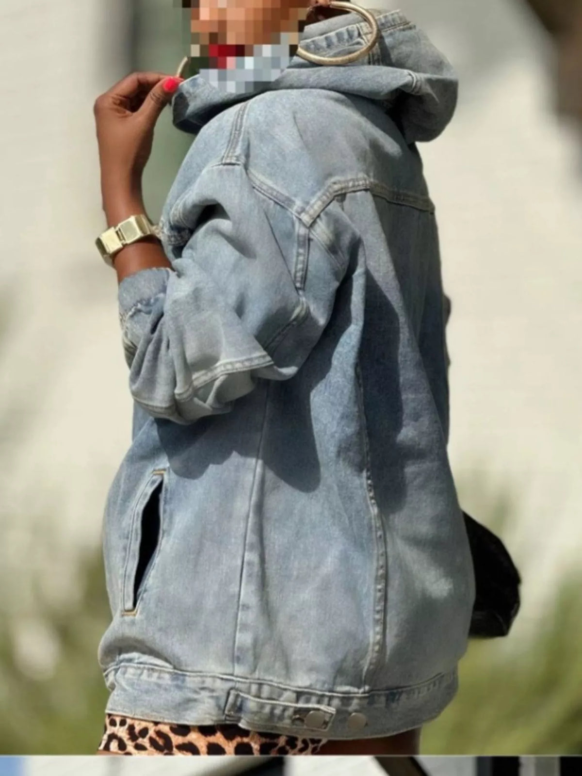 Oversized Washed Denim Hoodie with Front Pocket