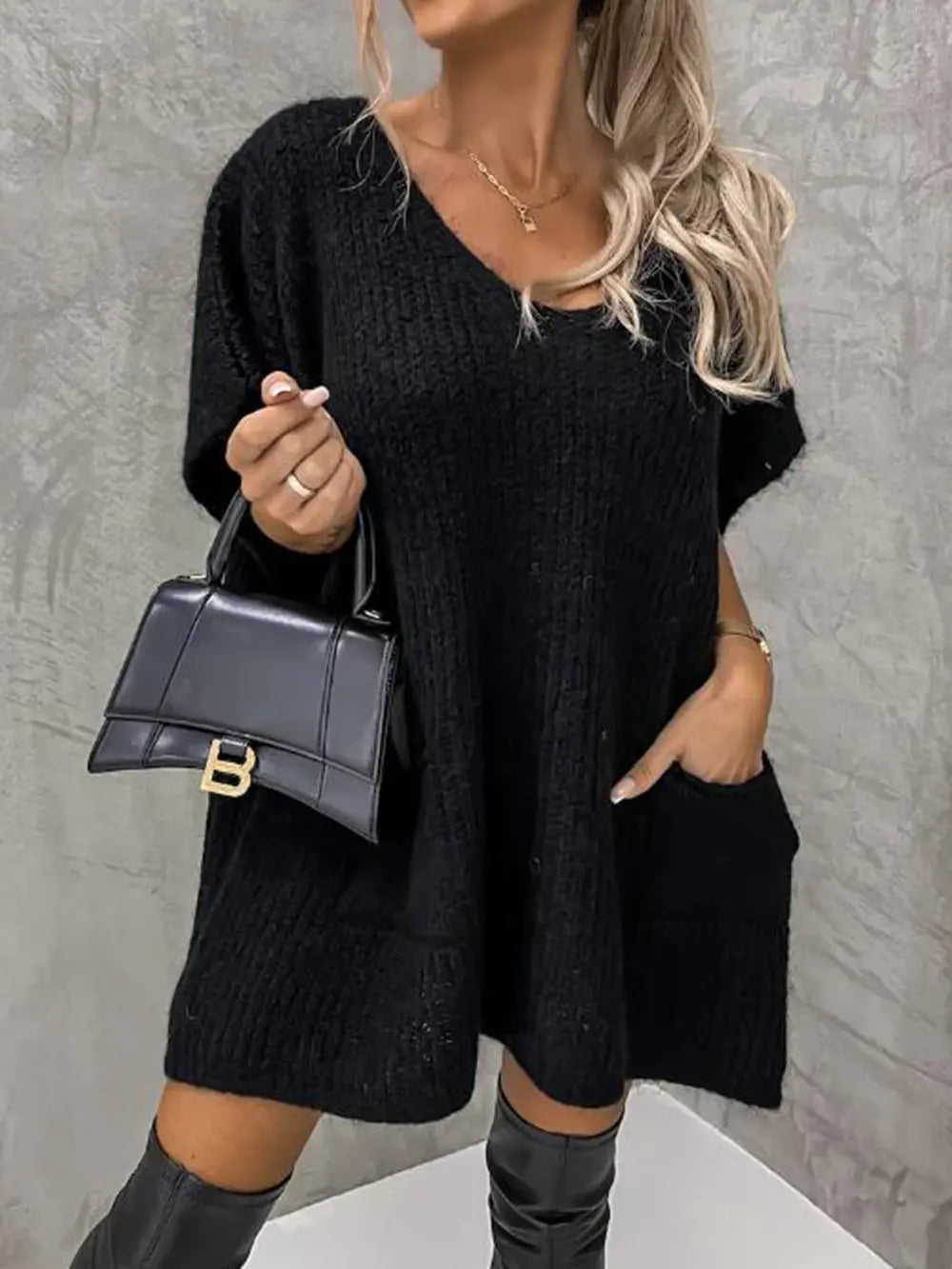 V-Neck Short Sleeve Sweater with Pockets, view 3