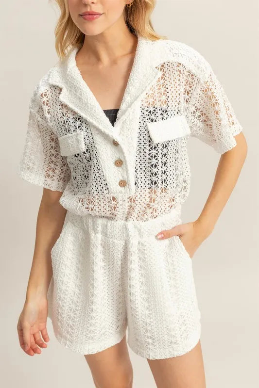 HYFVE Crochet Button Front Short Sleeve Romper - Lilixa.store