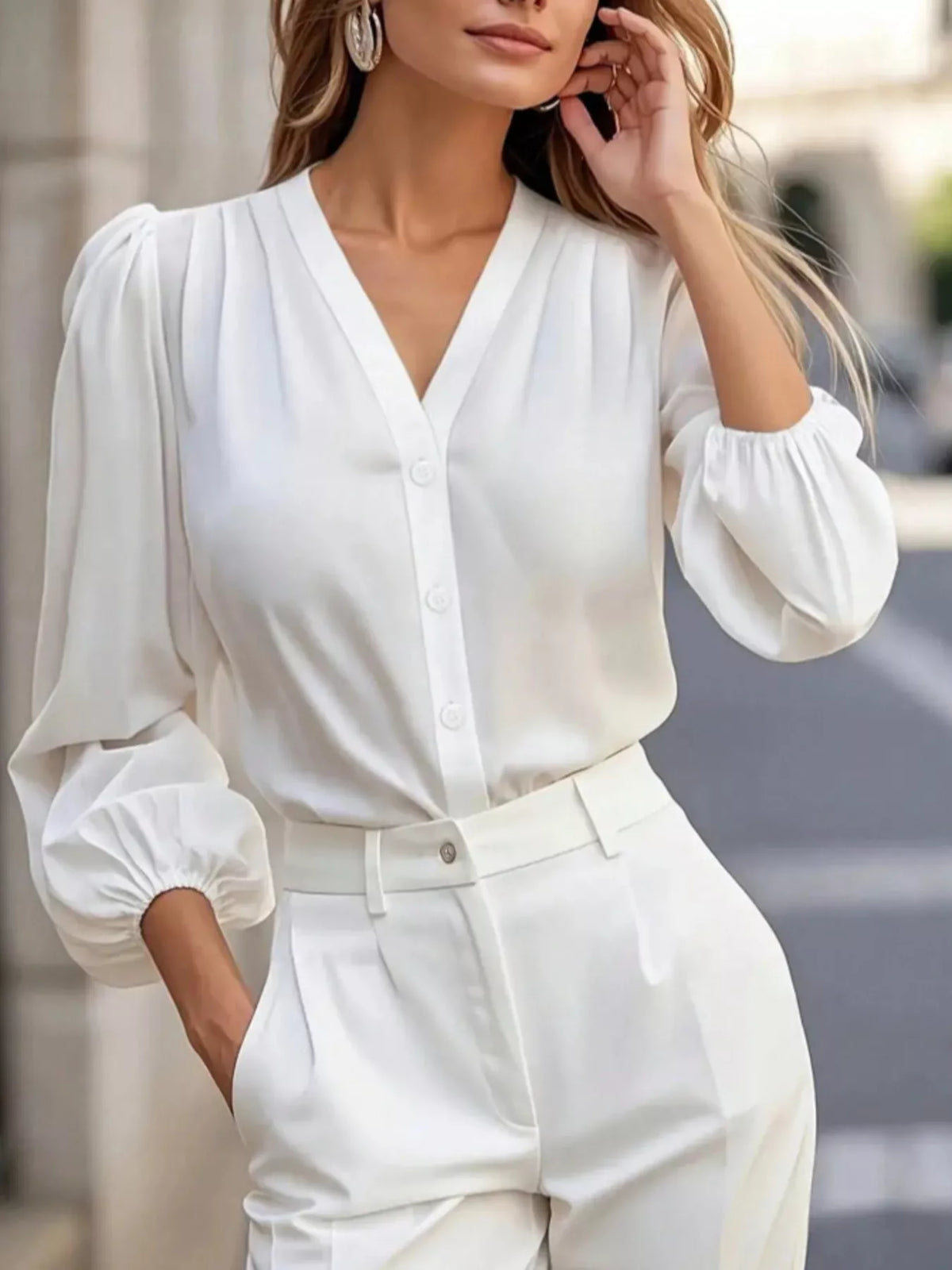 Elegant V-Neck Puff Sleeve Button-Down Shirt, view 3