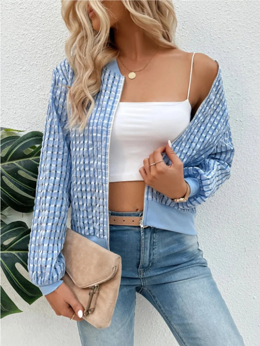 Zip Up Long Sleeve Jacket in Light Blue