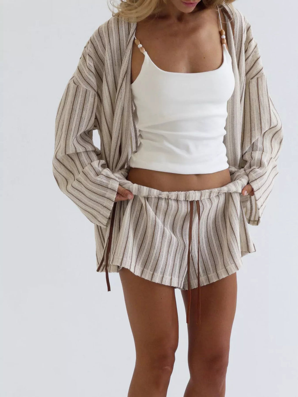 Striped Tie Front Top and Shorts Lounge Set - Lilixa.store