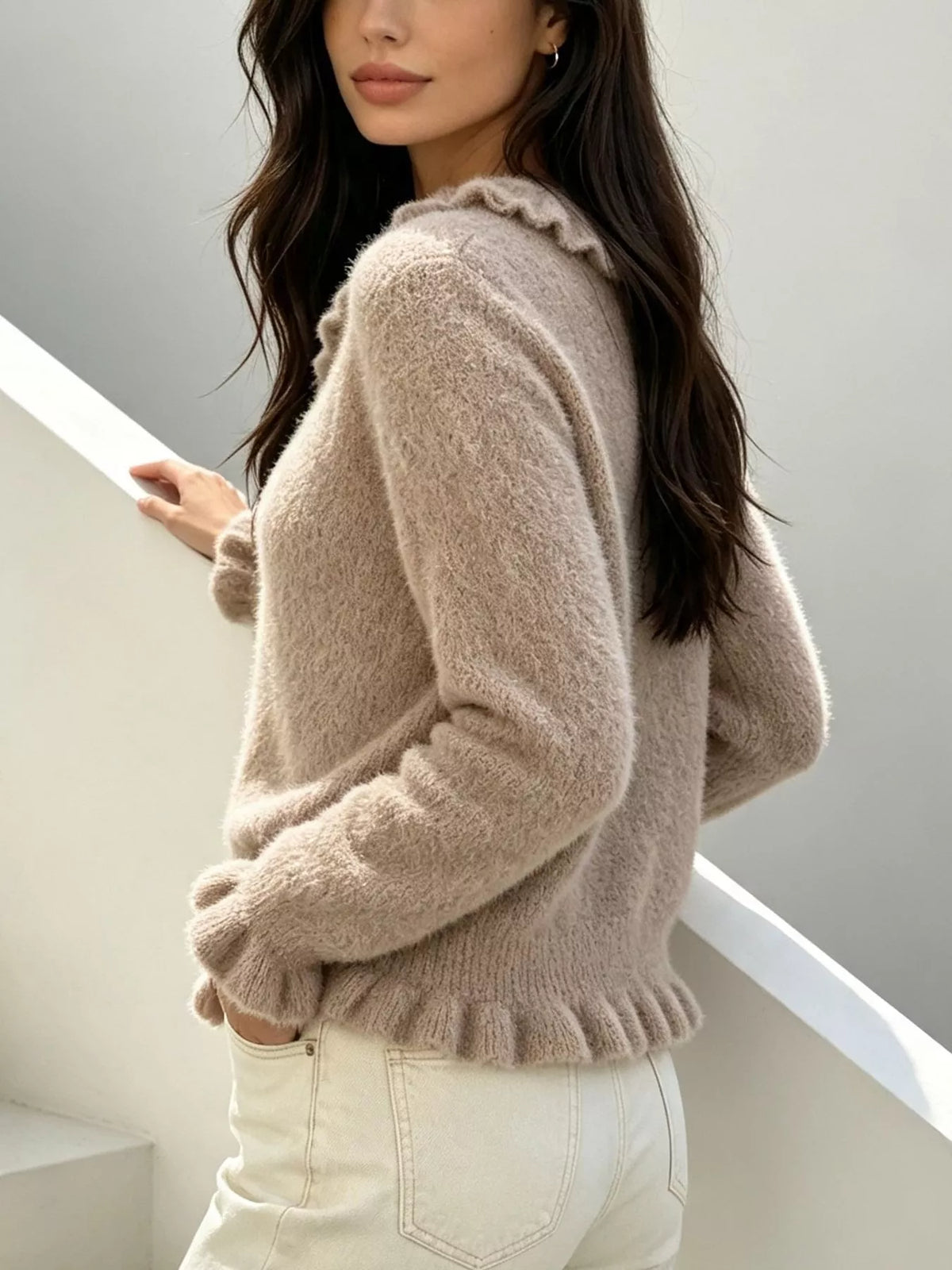 Soft Fuzzy Cardigan with Ruffled Collar and Pearl Buttons, view 16