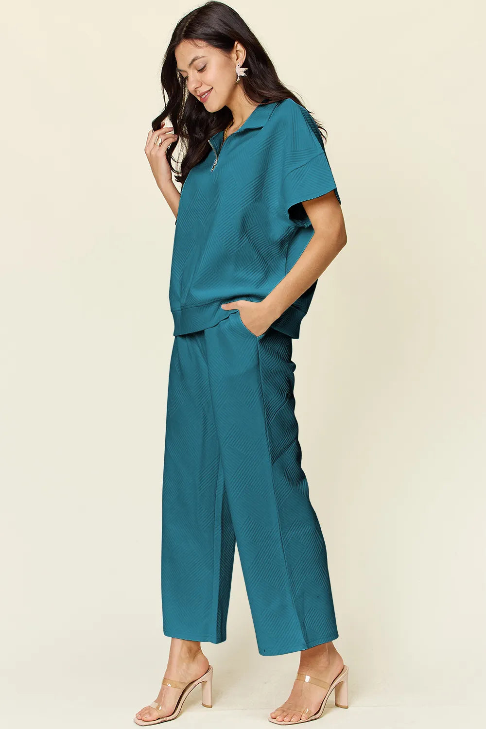 Double Take Full Size Texture Half Zip Short Sleeve Top and Pants Set, view 4
