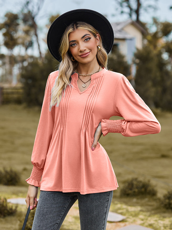 Notched Neck Flounce Sleeve Blouse, view 5