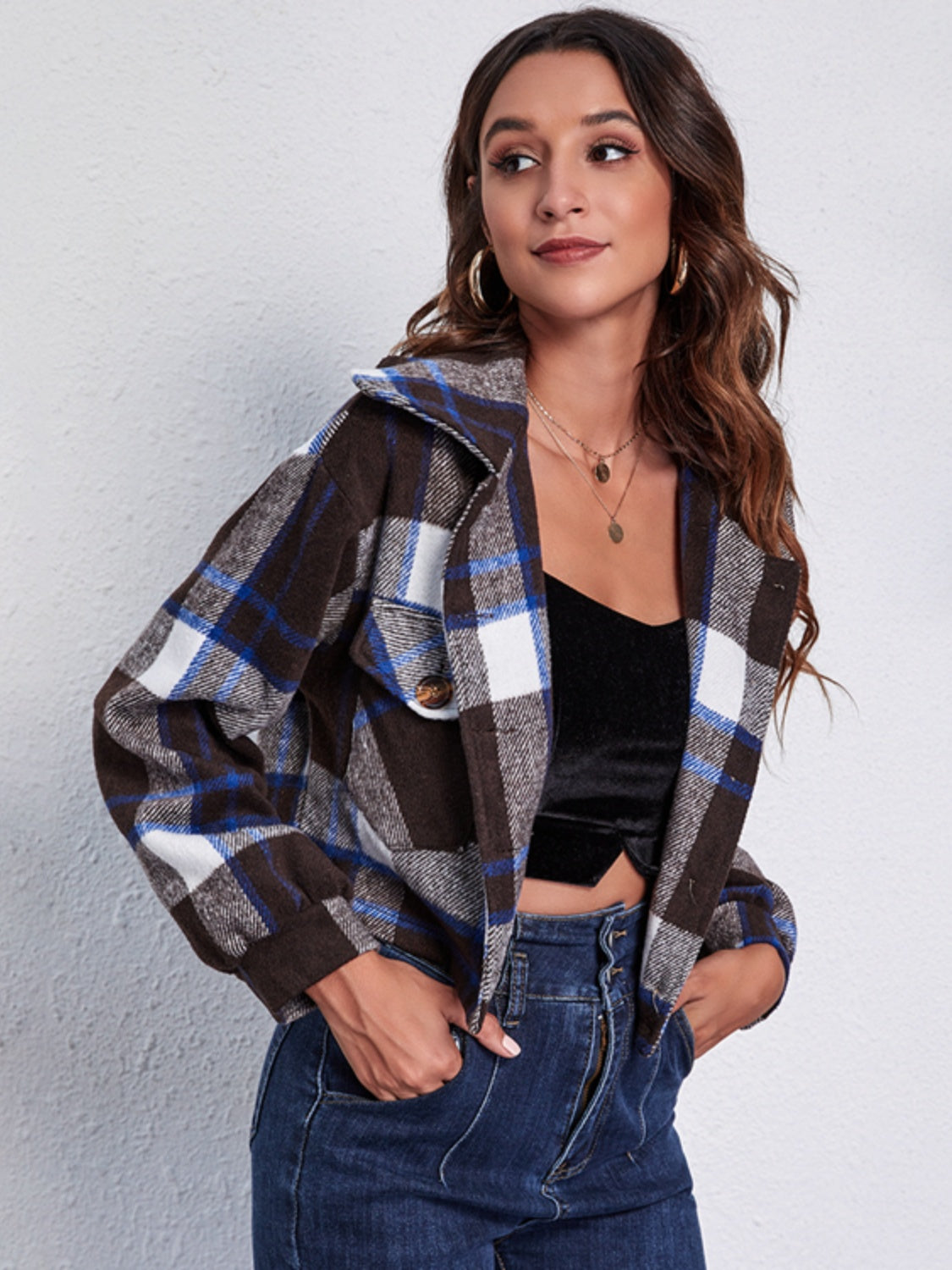 Plaid Button Front Jacket with Pockets, view 13