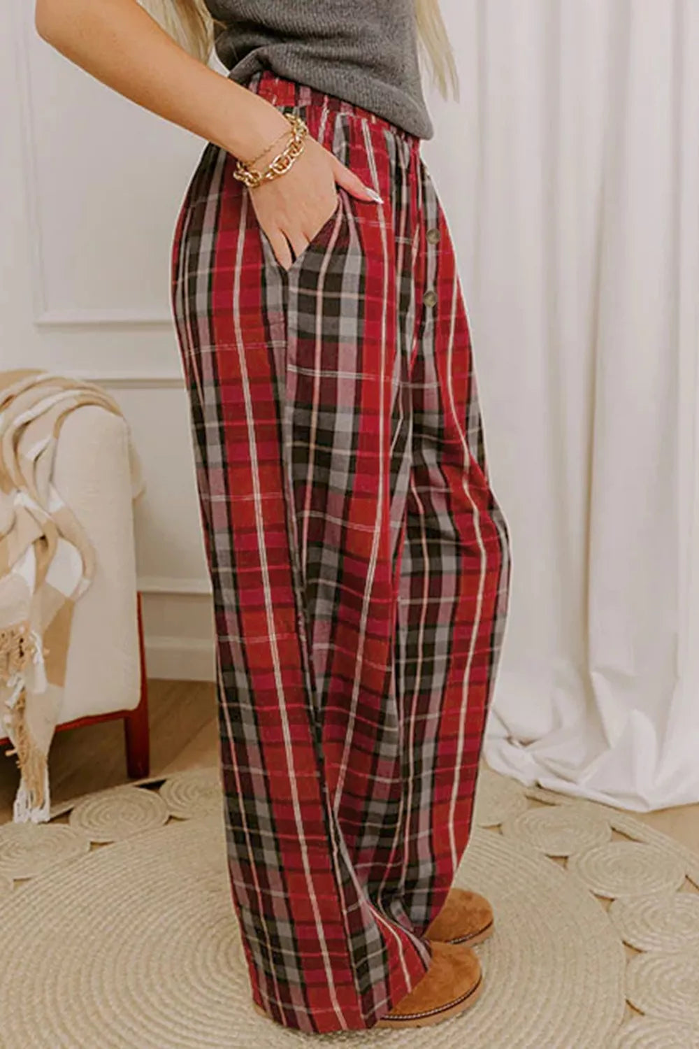 Plaid Elastic Waist Pocket Regular Full-Length Pants