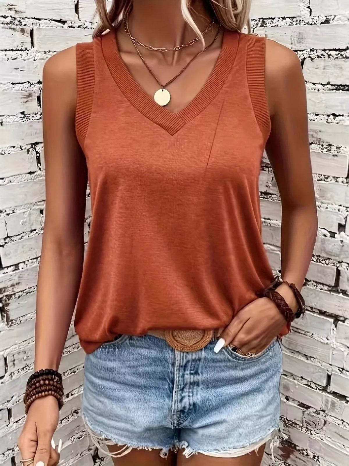 V-Neck Ribbed Trim Tank - Lilixa.store