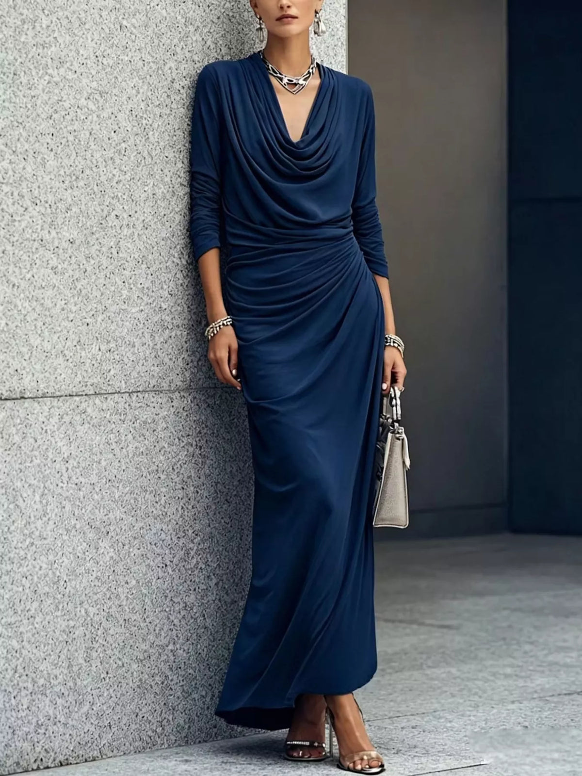 Cowl Neck Long Sleeve Maxi Dress - Lilixa.store