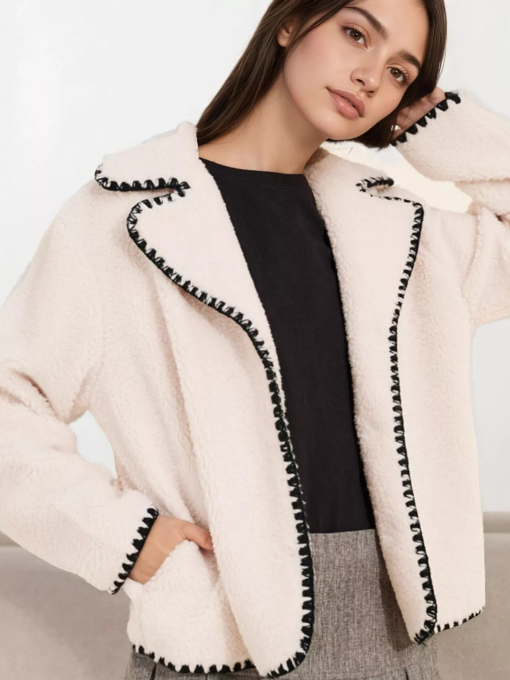 Sherpa Contrast Trim Button Up Outerwear - Lilixa.store