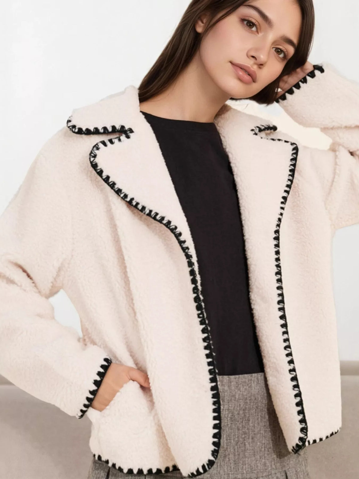 Sherpa Contrast Trim Button Up Outerwear - Lilixa.store