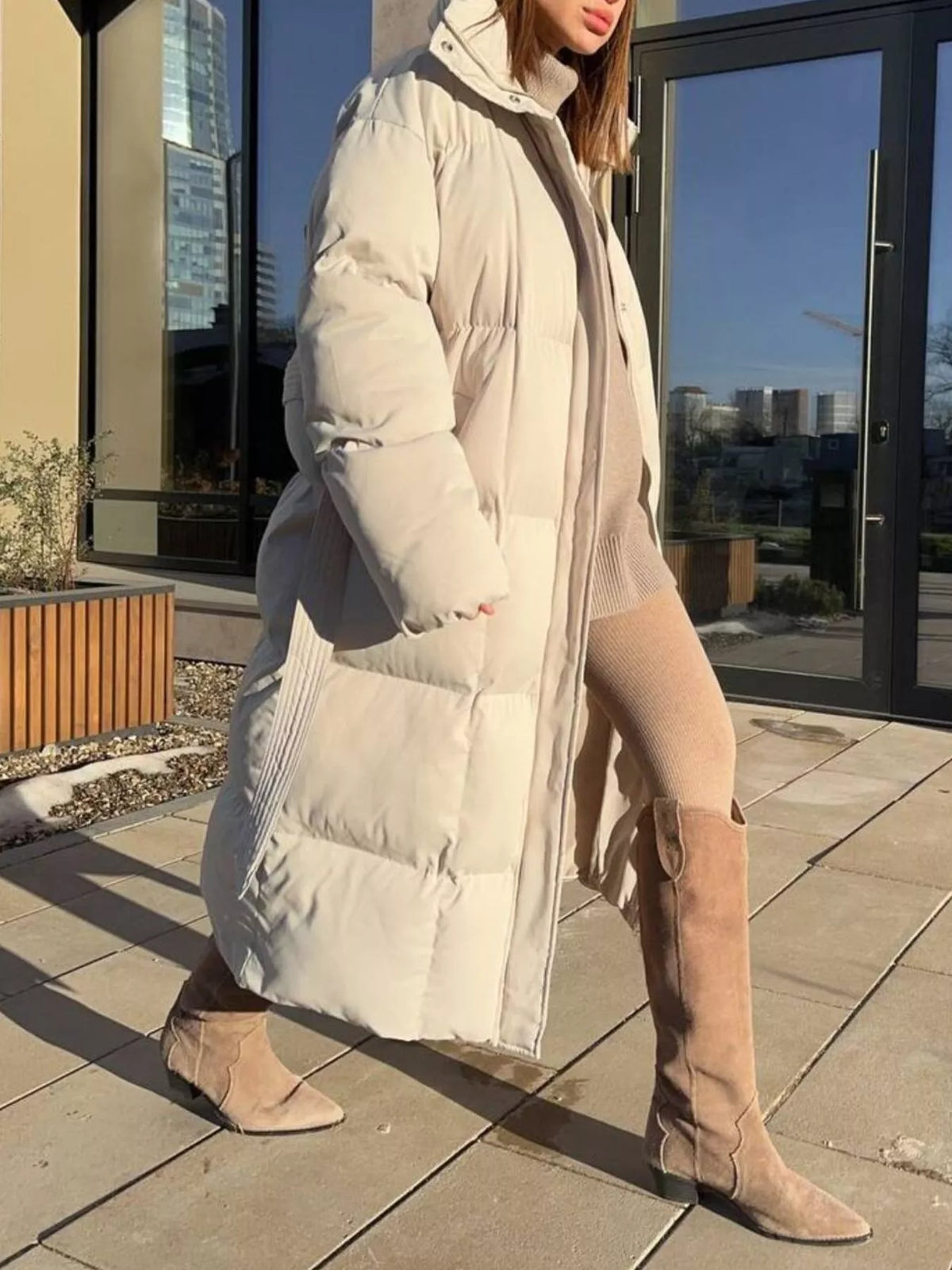 Longline Padded Winter Coat with Belted in Ivory White