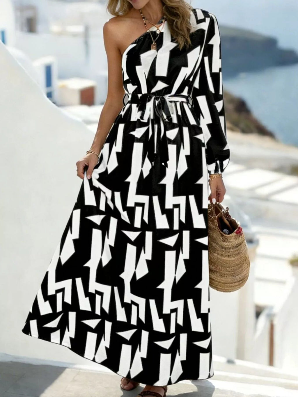 One-Shoulder Geometric Print Maxi Dress with Waist Tie - Lilixa.store