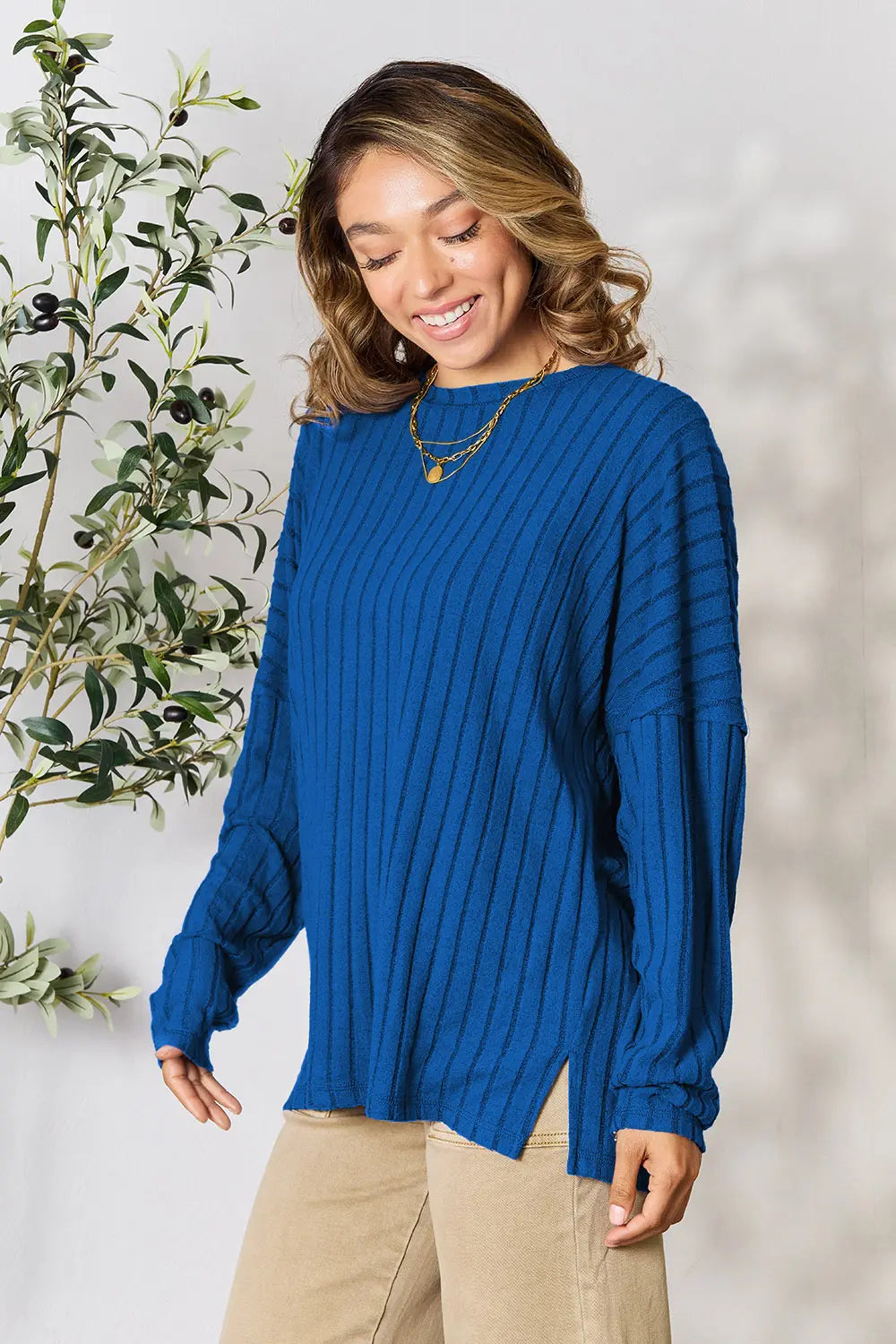 Basic Bae Full Size Ribbed Round Neck Slit Knit Top - Lilixa.store