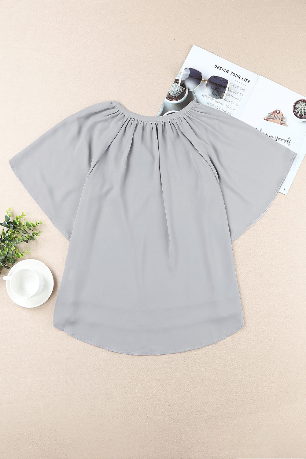 Gathered Detail Notched Neck Flutter Sleeve Top - Lilixa.store