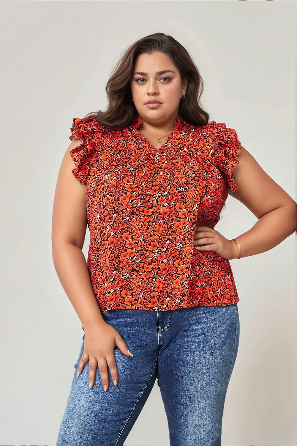 Double Take Floral Flutter Sleeve Notched Neck Blouse in Orange-Red