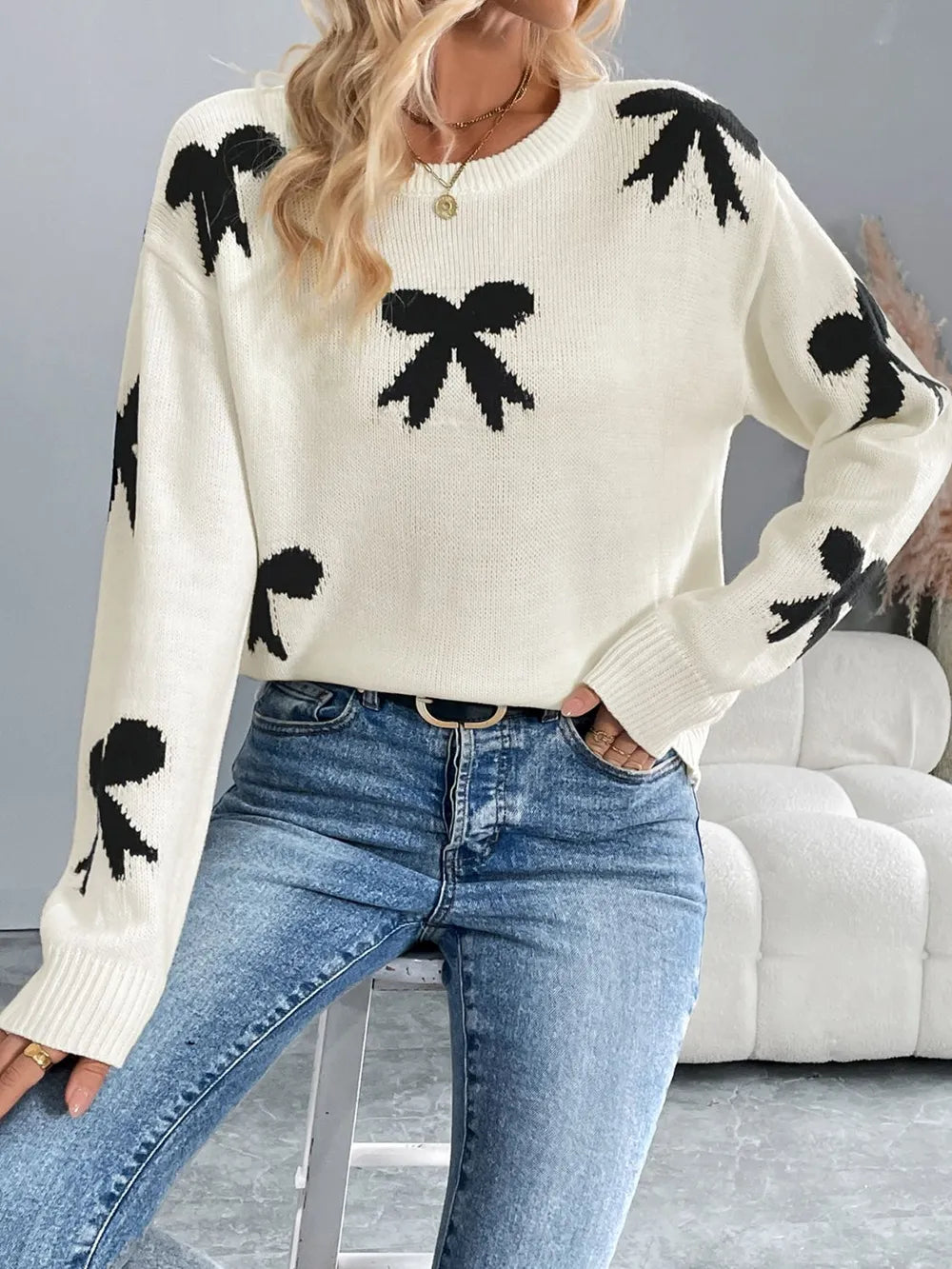 Perfee Bow Graphic Round Neck Long Sleeve Sweater in Cream, view 6