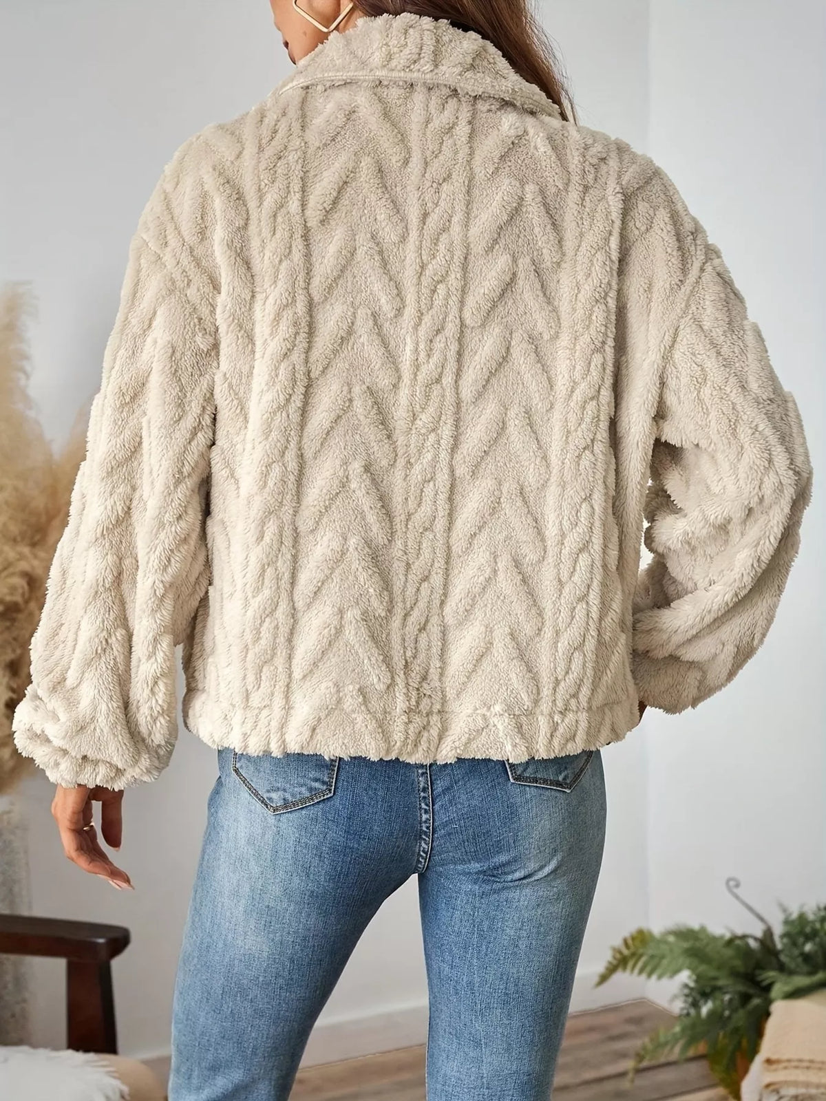Cozy Textured Fleece Button-Up Outerwear in Cream, view 5