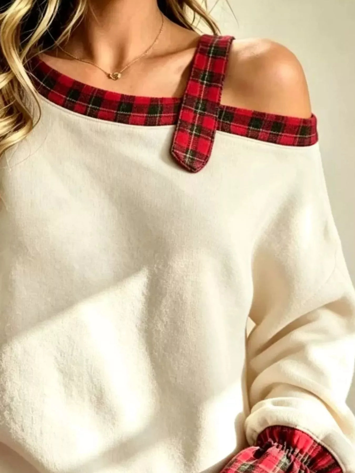 Full Size Cold-Shoulder Plaid Patchwork Long Sleeve Top Plus Size - Lilixa.store