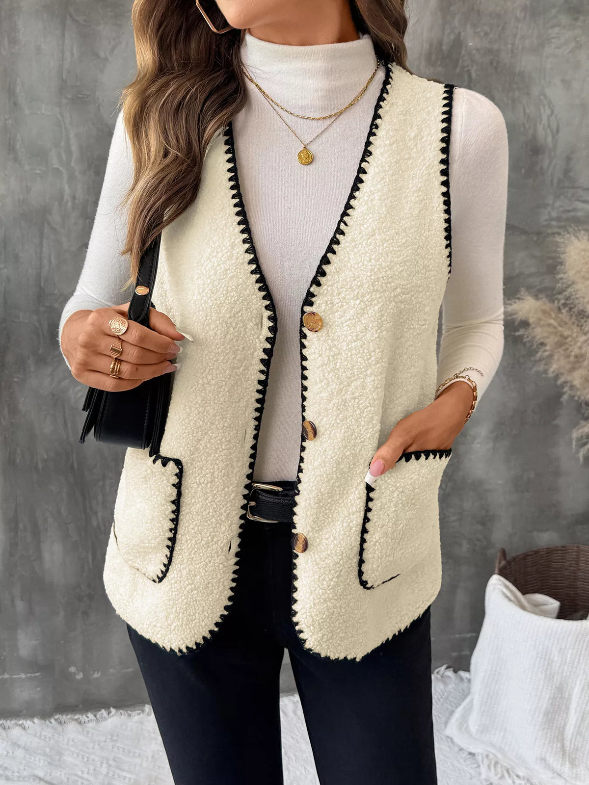 V-Neck Button Up Vest Coat in Apricot, view 4