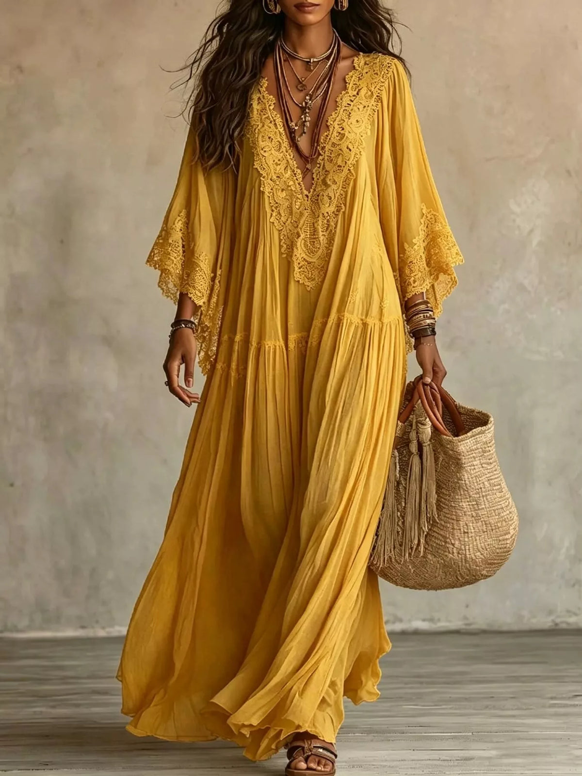 Lace Trim V-Neck Maxi Dress - Lilixa.store