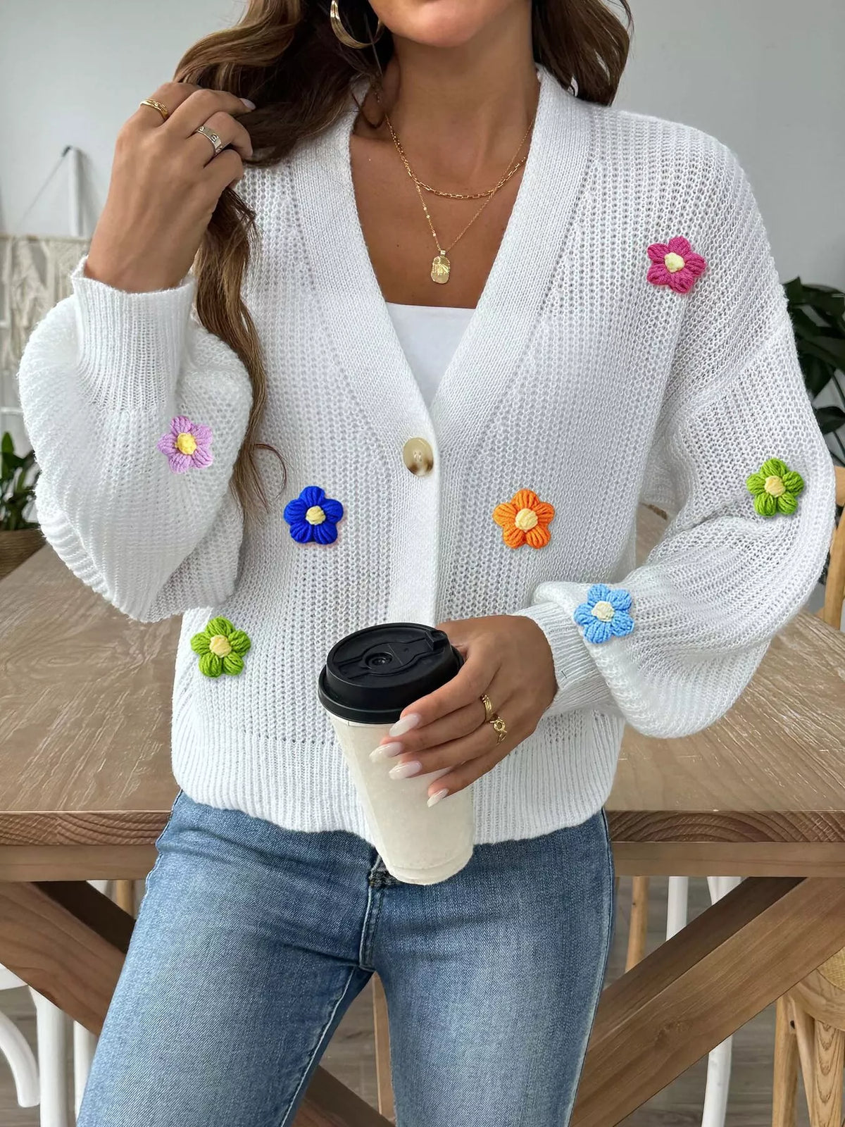 3D Floral Appliques Button Up Cardigan - Lilixa.store