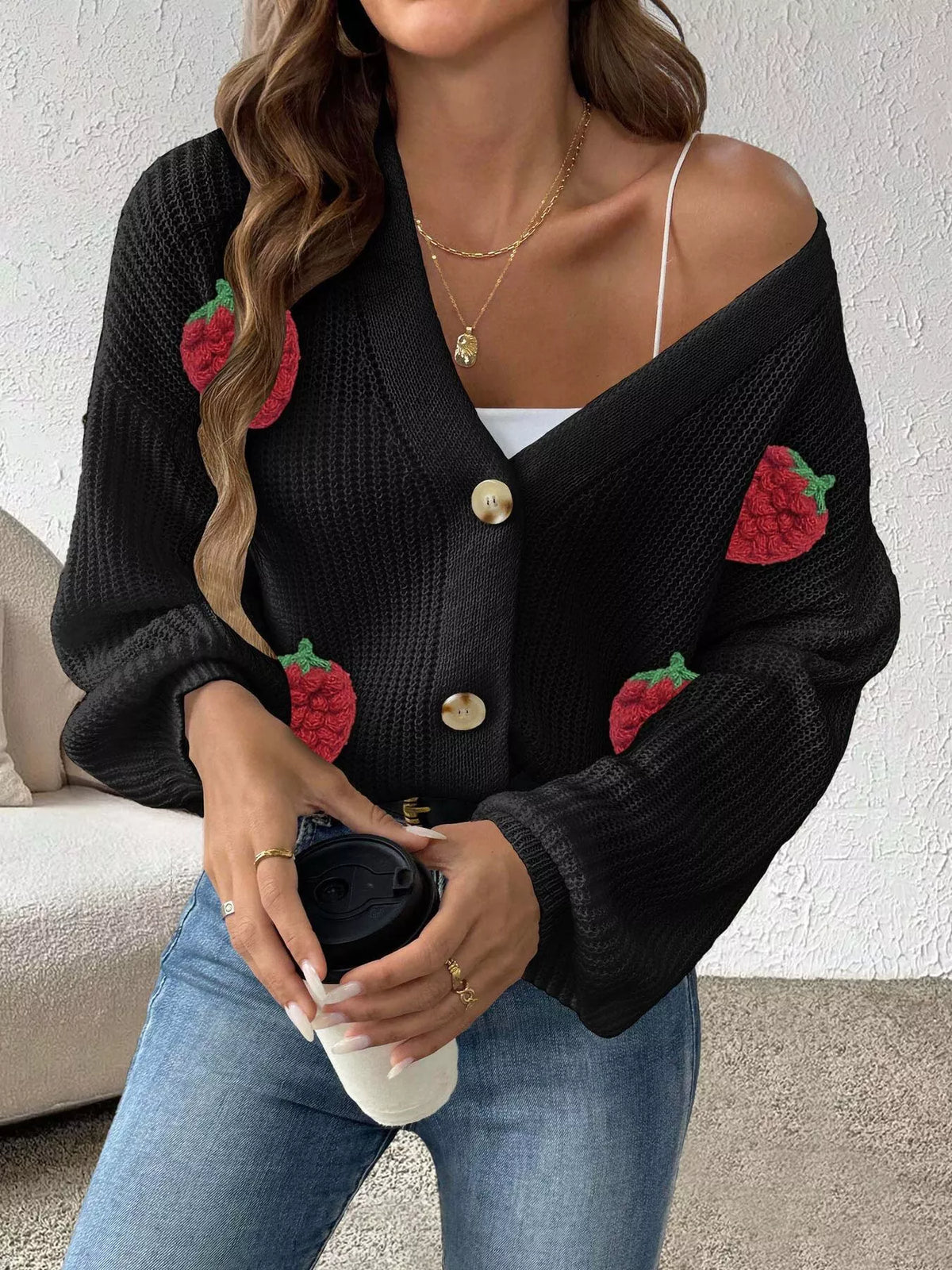 Strawberry Applique Button Up Cardigan - Lilixa.store