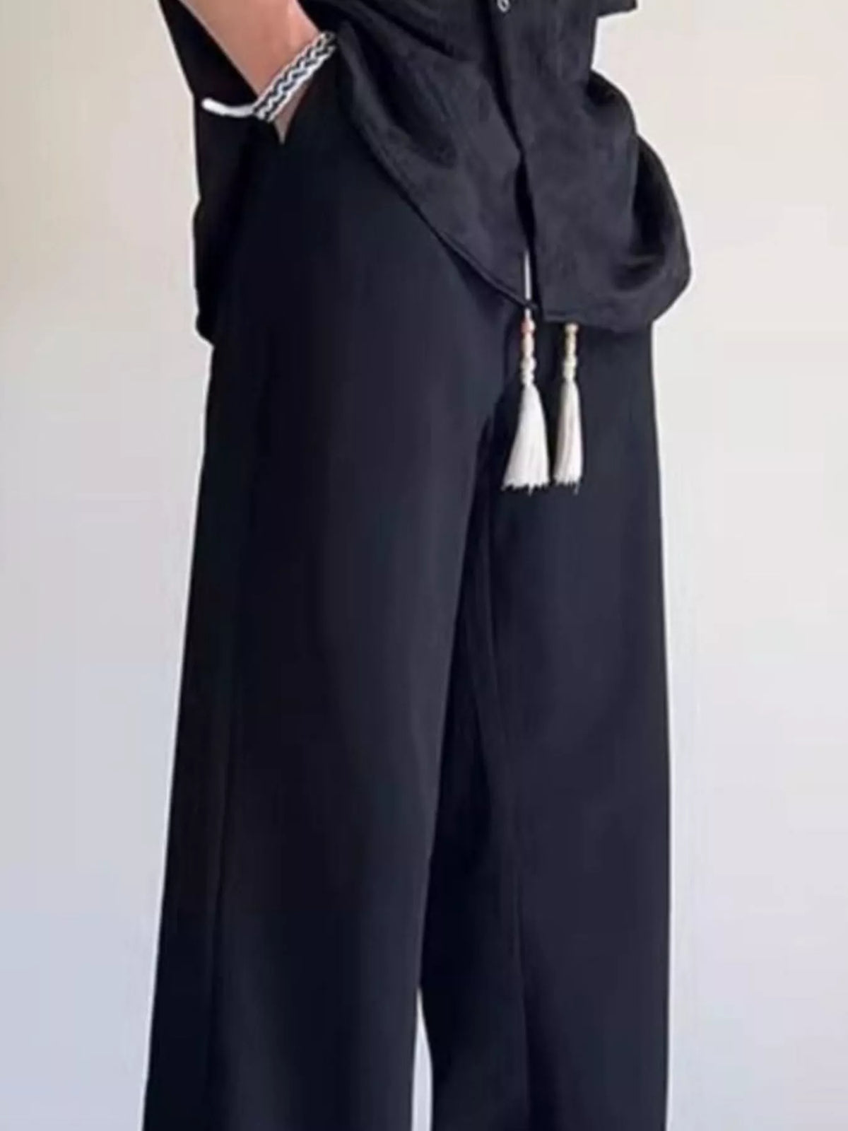 Men's Plus Size Drawstring Wide Leg Pants in Black, view 2