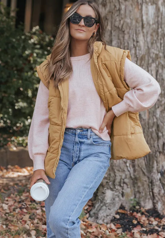 Zip Up Vest Coat with Pockets in Tan, view 4