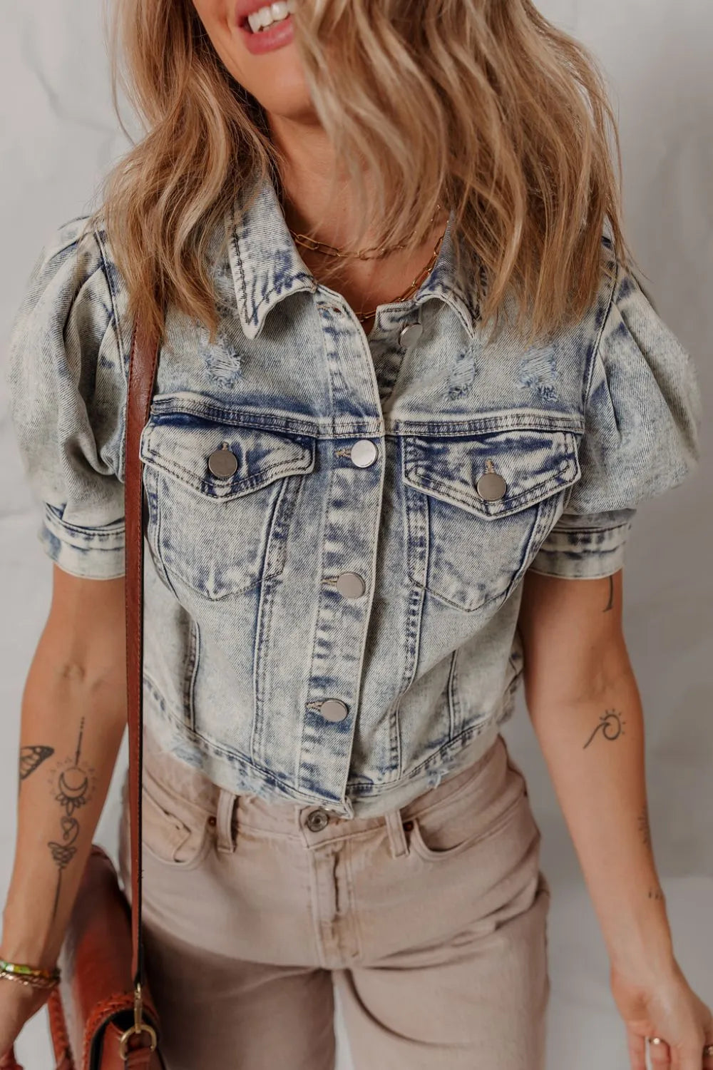 Wash Buttoned Chest Pocket Puff Sleeve Denim Jacket, view 6