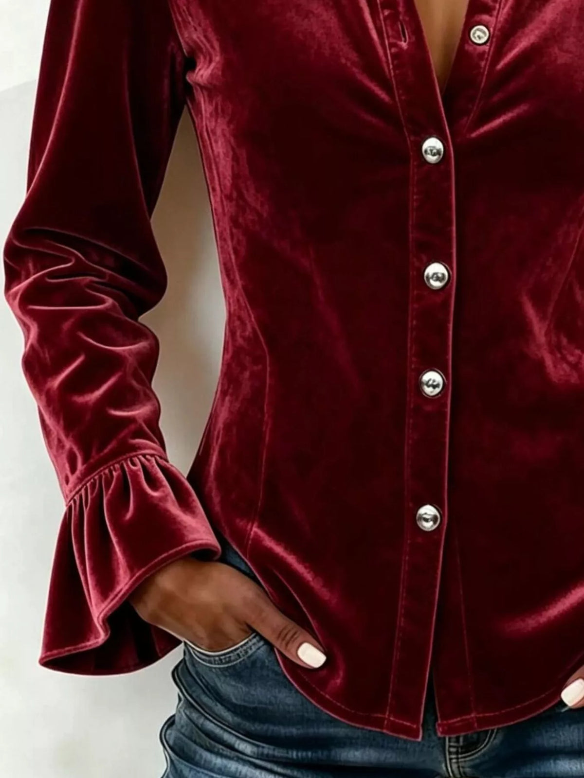 Velvet Button-Down Flounce Sleeve Shirt - Lilixa.store