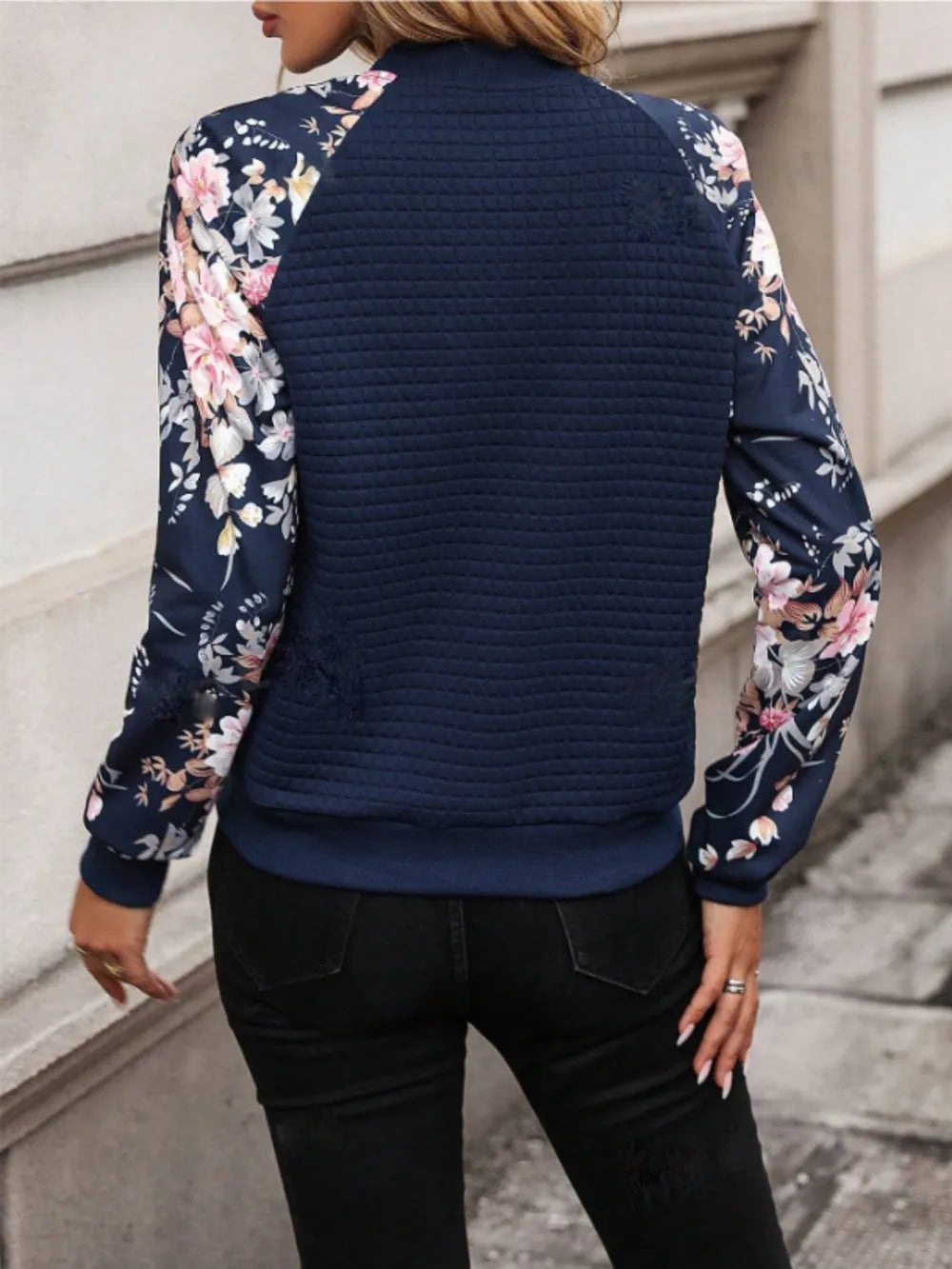 Printed Zip Up Long Sleeve Jacket in Navy, view 3