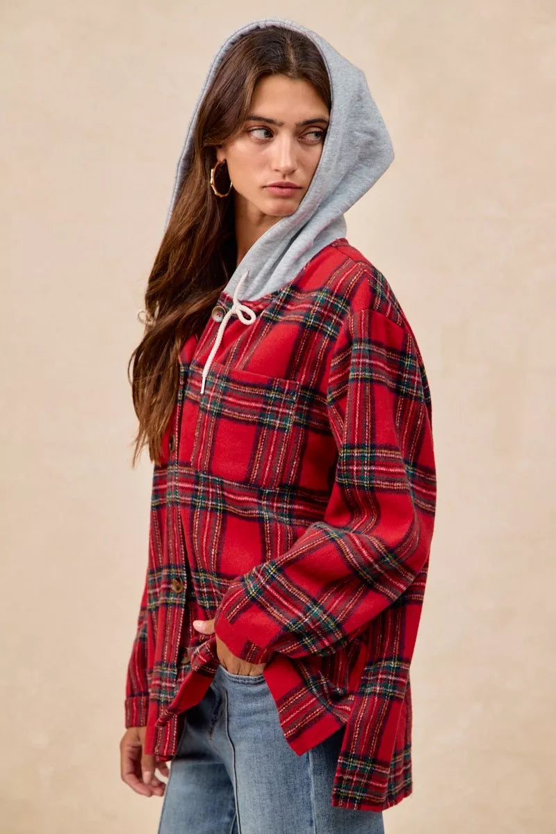 BiBi Brushed Plaid Hooded Jacket in Red Plaid, view 9