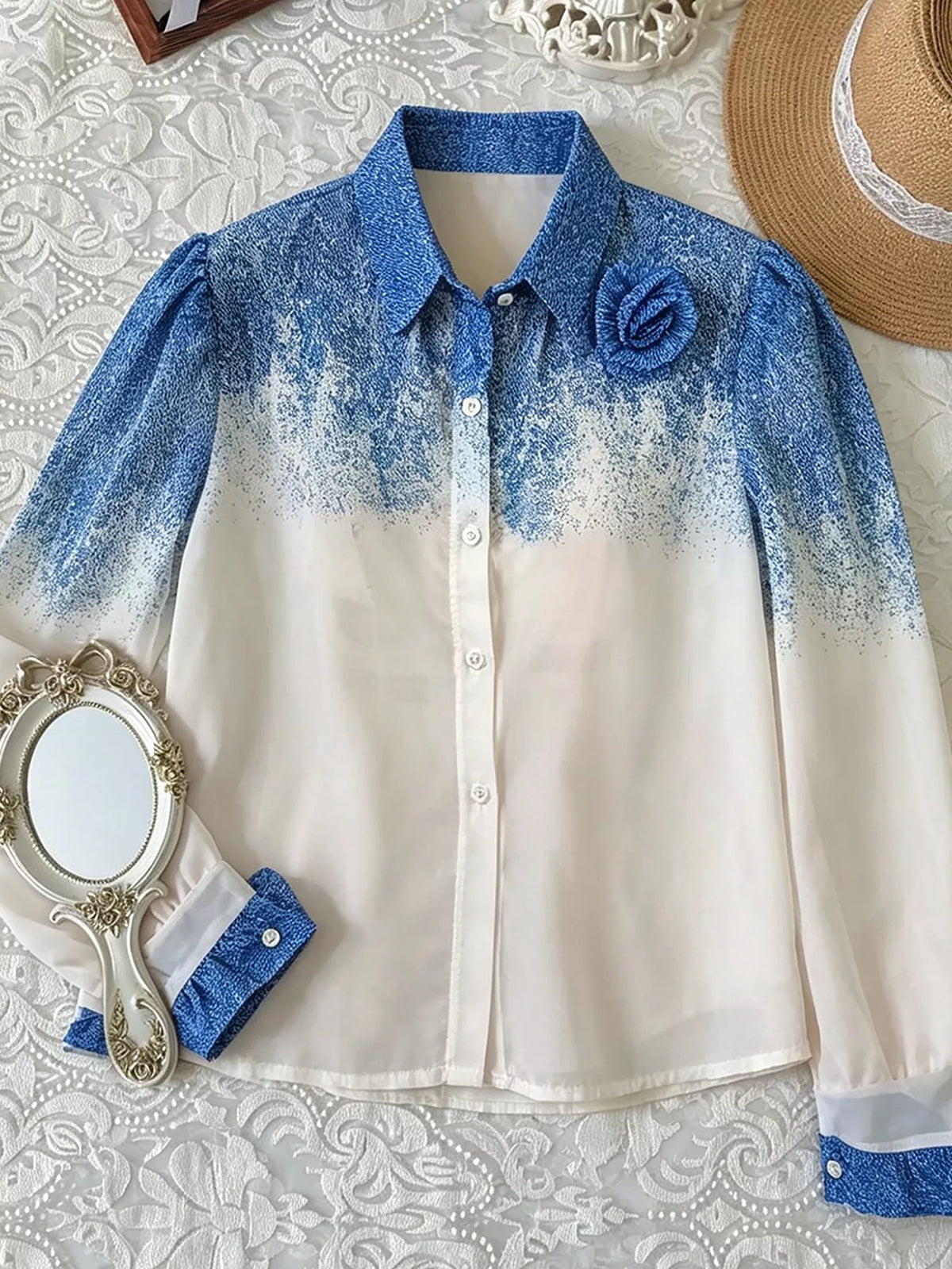Flower Gradient Button Up Shirt in Blue, view 3