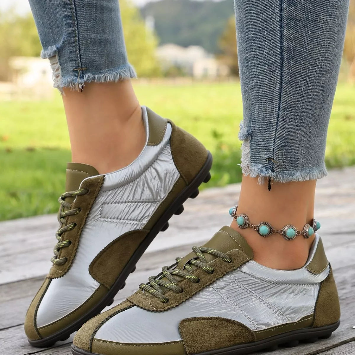 Casual Color-Block Suede and Metallic Texture Sneakers, view 4