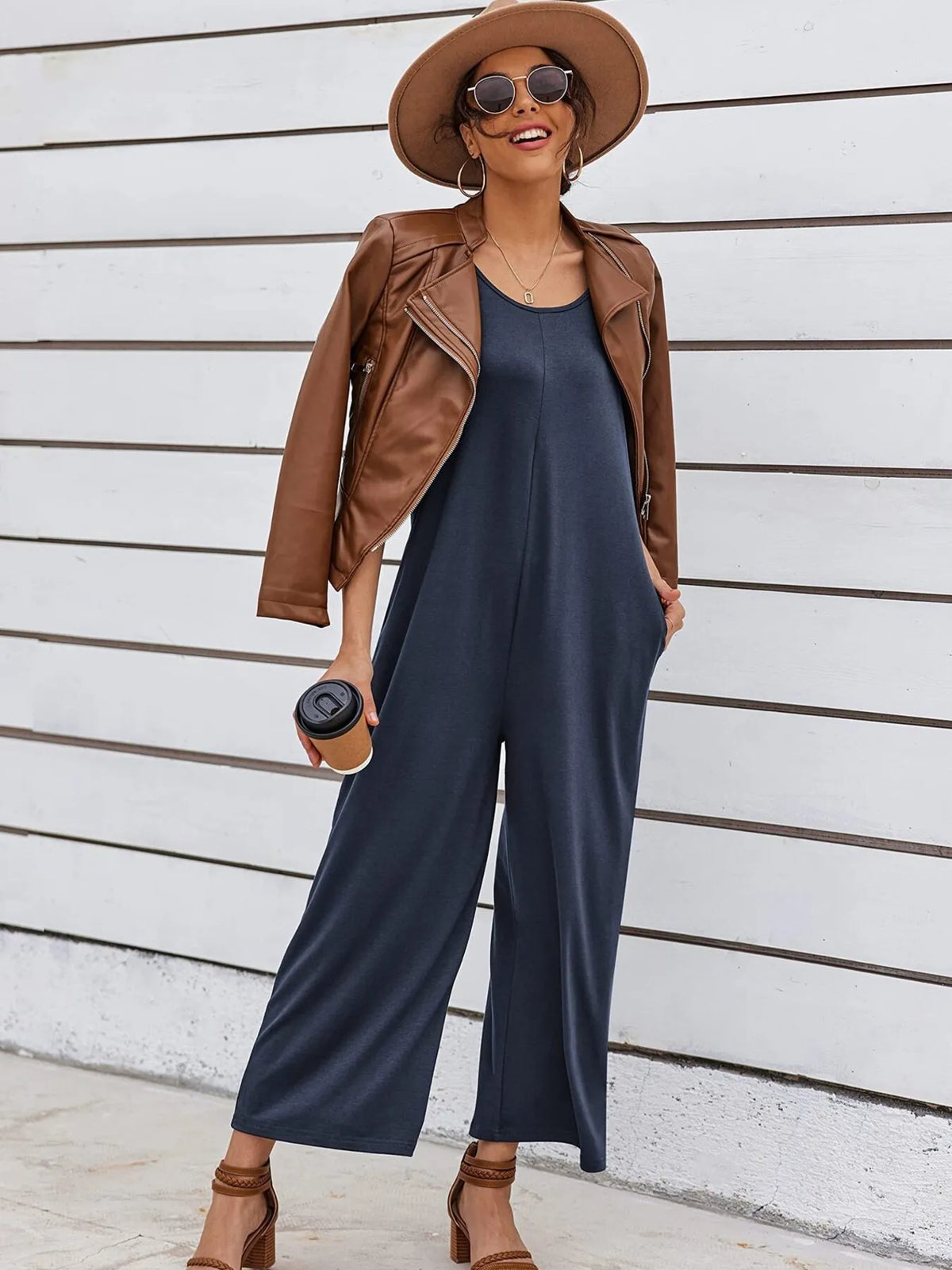 Sleeveless Wide Leg Casual Jumpsuit in Navy