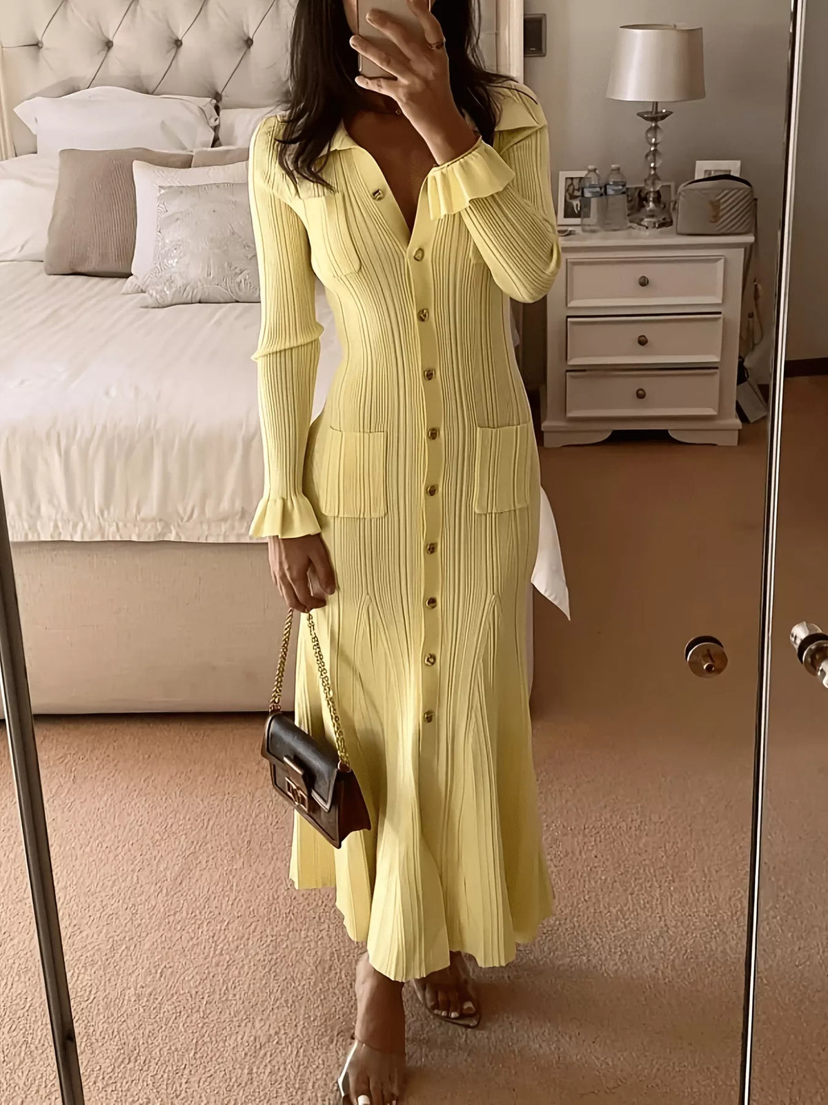 Button-Down Flounce Sleeve Sweater Dress in Pastel Yellow, view 5