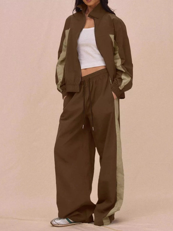 Color-Block Tracksuit and Wide-Leg Pants Set in Camel