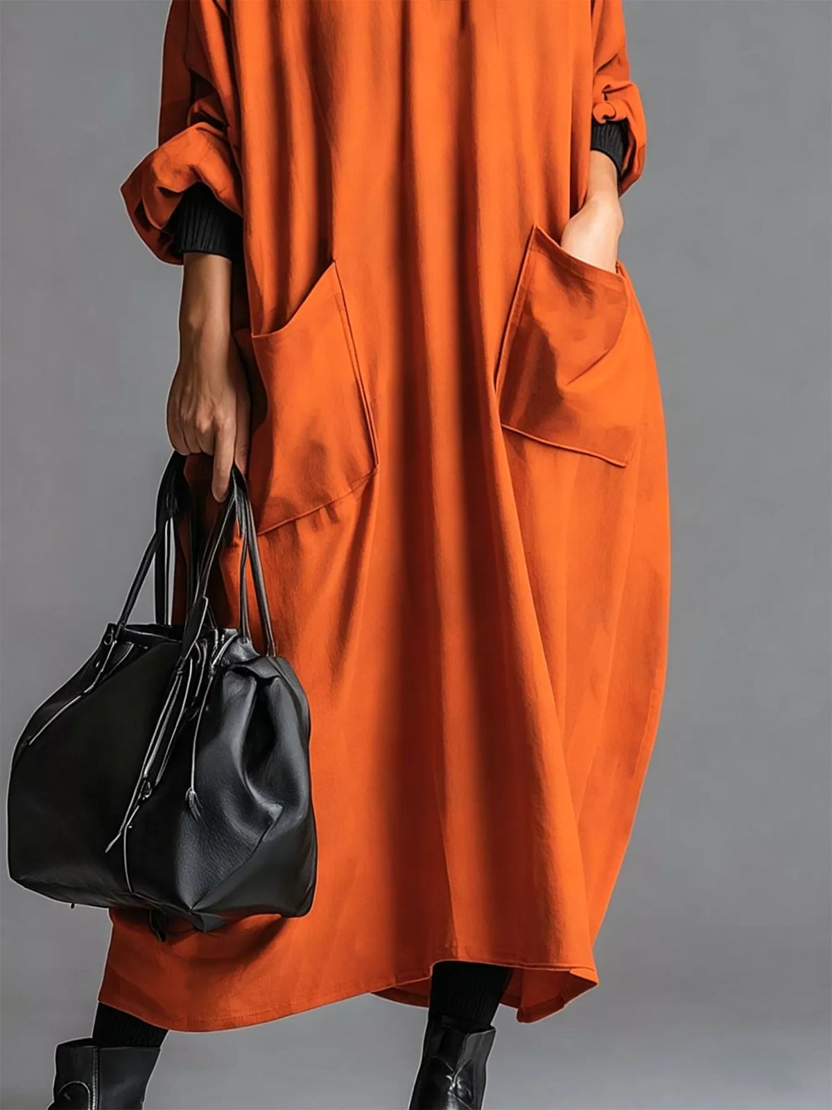 Full Size Loose-Fit Mock Neck Midi Dress with Pockets Plus Size - Lilixa.store