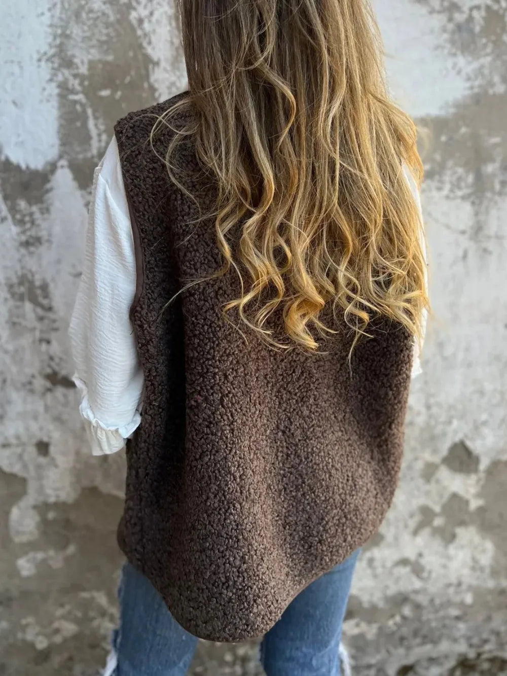 Full Size Pocketed Button Up V-Neck Sherpa Vest in Coffee Brown, view 3