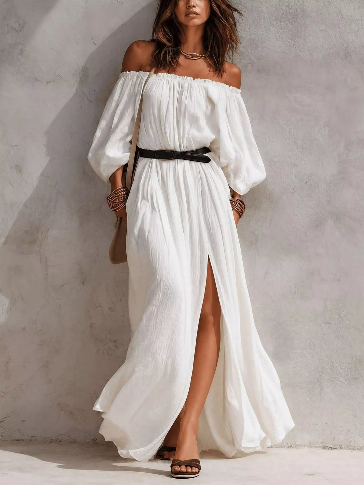 Boho Off-Shoulder Maxi Dress with Side Slit in White