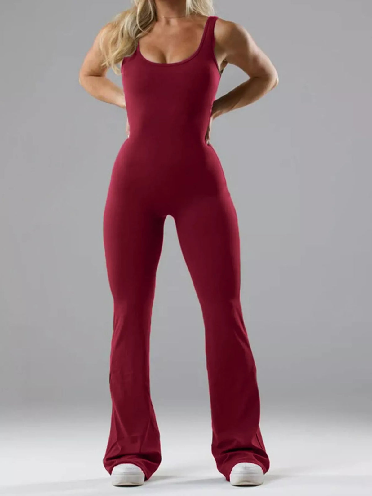 Seamless Scoop Neck Active Jumpsuit with Flared Leg Design in Burgundy