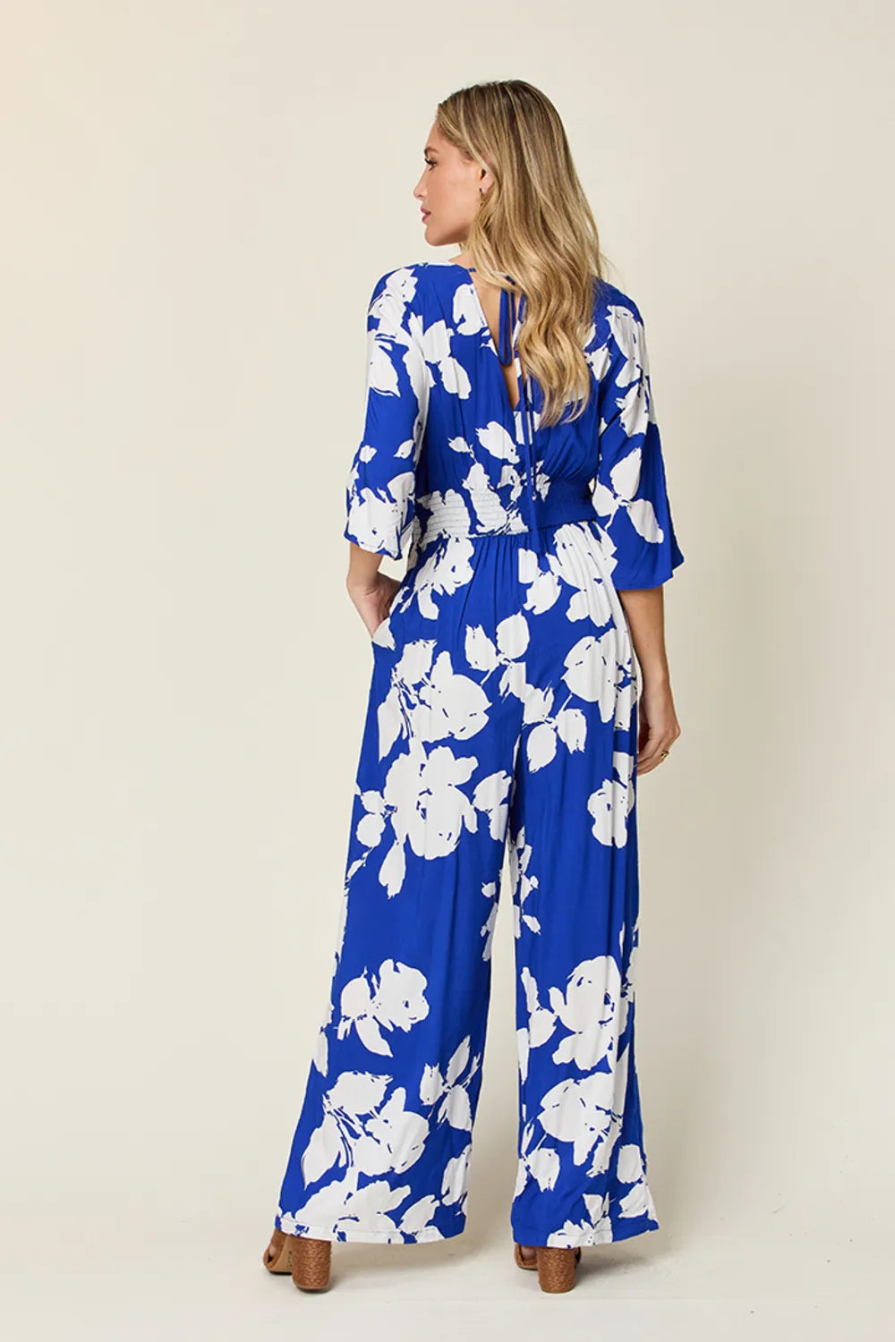 Double Take Full Size Printed Tie Back Wide Leg Jumpsuit - Lilixa.store