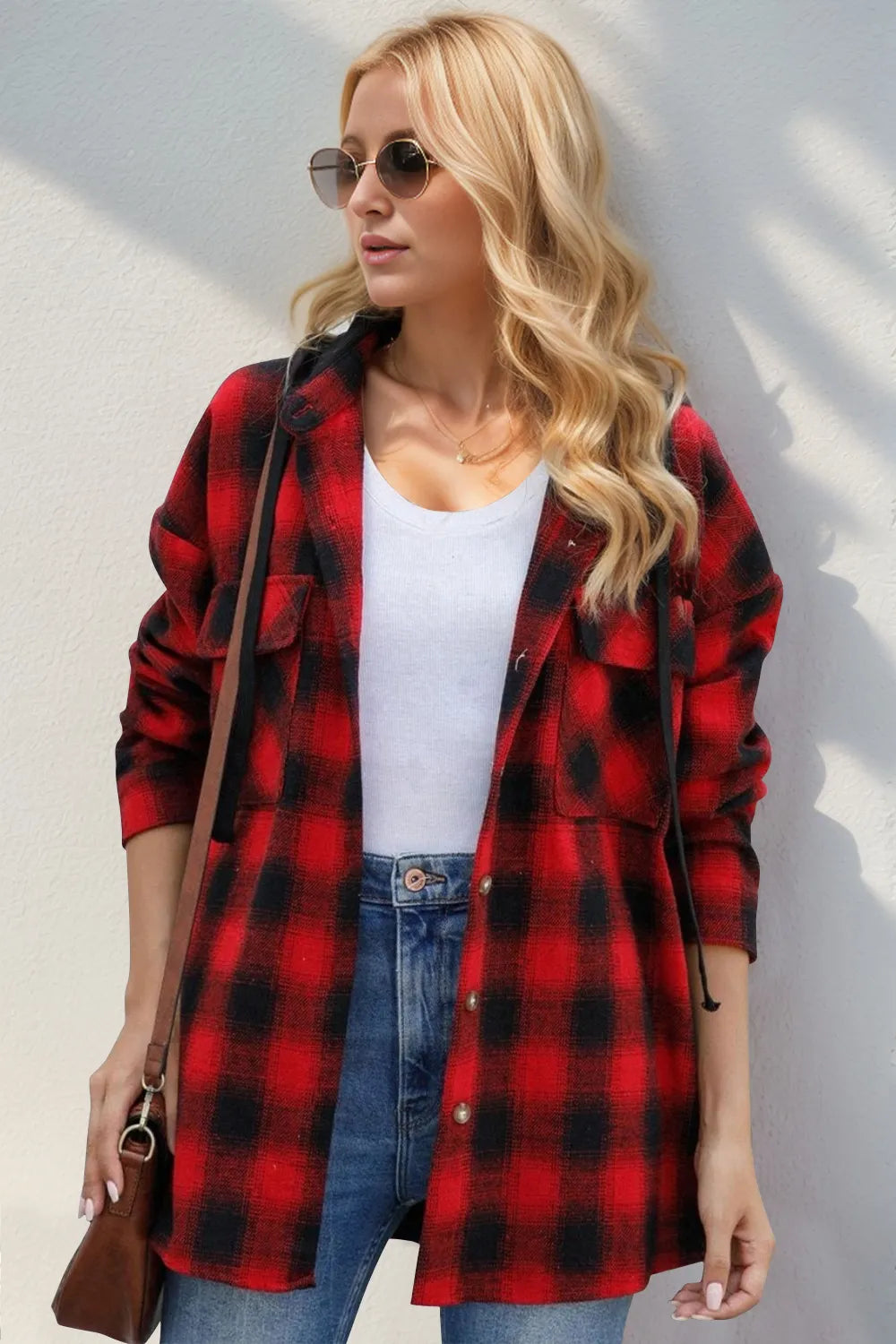 Double Take Drawstring Plaid Long Sleeve Hooded Shacket - Lilixa.store