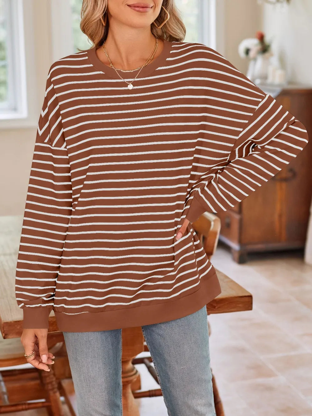 Lovelet Striped Round Neck Long Sleeve Sweatshirt - Lilixa.store