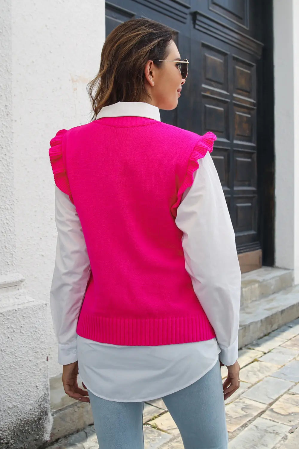 Round Neck Ruffled Sweater Vest, view 8
