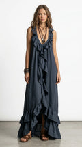 Ruffled Sleeveless Maxi Dress in Dark Blue